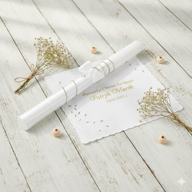 Świeca i Szatka do Chrztu „Glamour Crystal – Blask Wiary” – złoty zestaw z kryształkiem Preciosa®