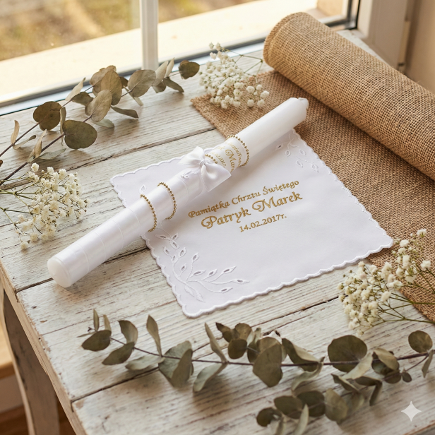 Świeca i Szatka do Chrztu „Glamour Crystal – Blask Wiary” – złoty zestaw z kryształkiem Preciosa®