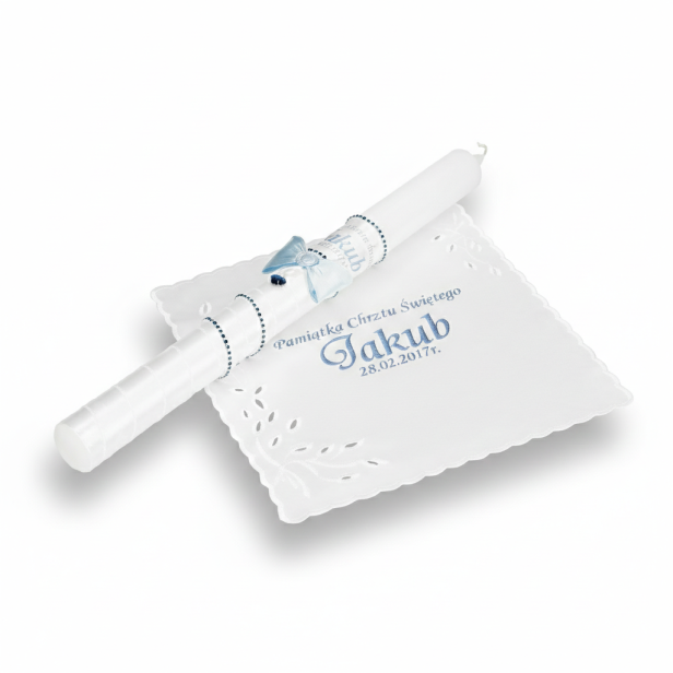 Świeca i Szatka do Chrztu „Glamour Crystal – Blask Wiary” – niebieski zestaw z kryształkiem Preciosa®