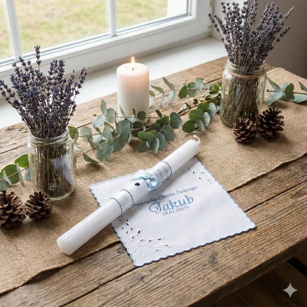 Świeca i Szatka do Chrztu „Glamour Crystal – Blask Wiary” – niebieski zestaw z kryształkiem Preciosa®