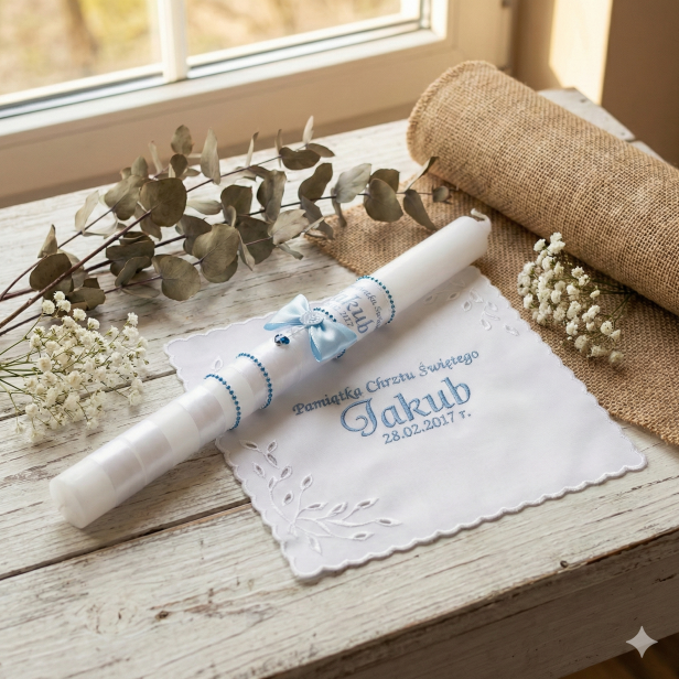 Świeca i Szatka do Chrztu „Glamour Crystal – Blask Wiary” – niebieski zestaw z kryształkiem Preciosa®