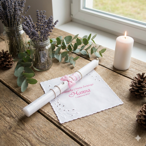 Świeca i Szatka do Chrztu „Glamour Crystal – Blask Wiary” – różowy zestaw z kryształkiem Preciosa®