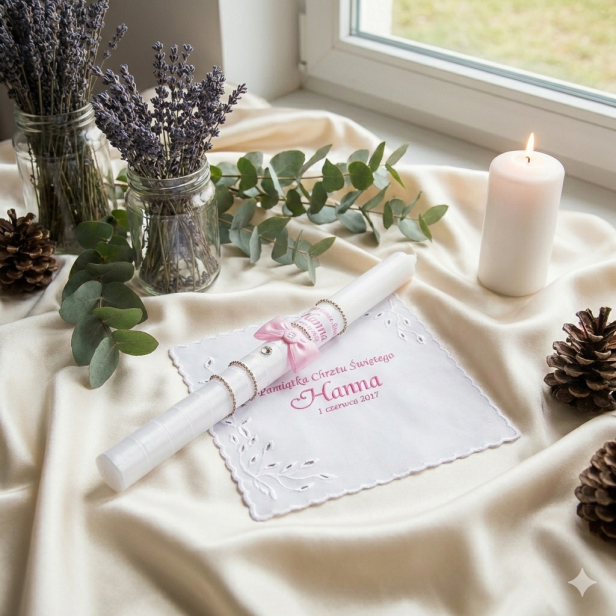 Świeca i Szatka do Chrztu „Glamour Crystal – Blask Wiary” – różowy zestaw z kryształkiem Preciosa®