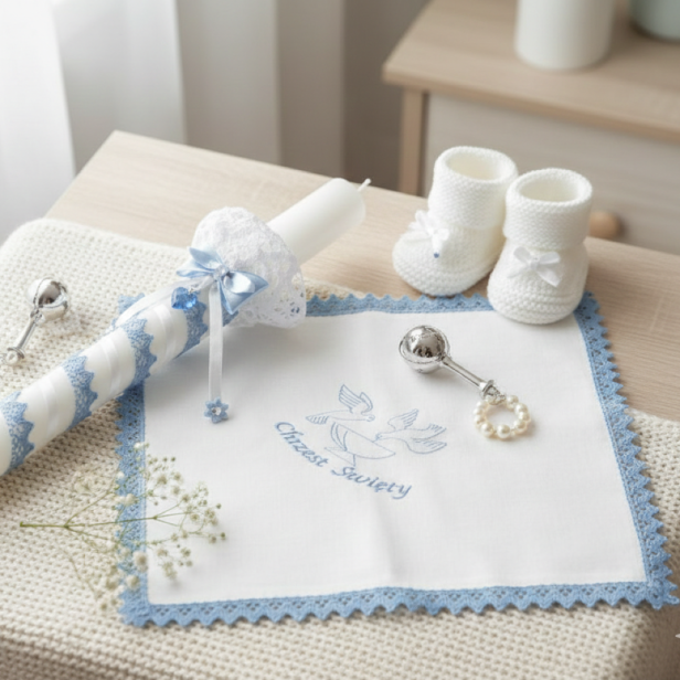 Świeca i Szatka do Chrztu „Glamour Lace – Blask Wiary” – niebieski zestaw z koronką i kryształkiem Preciosa®