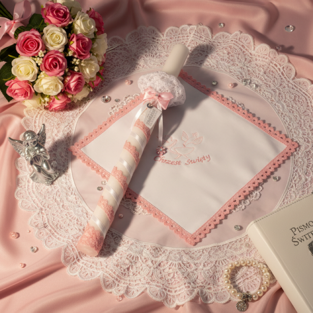 aranżacja Świeca i Szatka do Chrztu „Glamour Lace – Blask Wiary” – różowy zestaw z koronką i kryształkiem Preciosa®