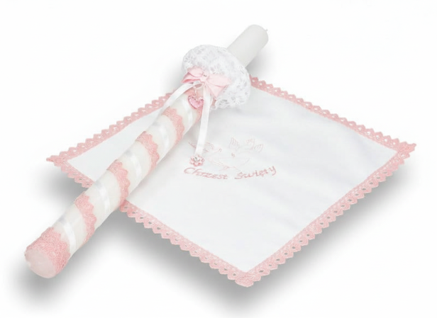 Świeca i Szatka do Chrztu „Glamour Lace – Blask Wiary” – różowy zestaw z koronką i kryształkiem Preciosa®