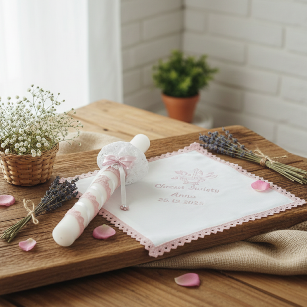 haft komupterowy personalizzacja - Świeca i Szatka do Chrztu „Glamour Lace – Blask Wiary” – różowy zestaw z koronką i kryształkiem Preciosa®