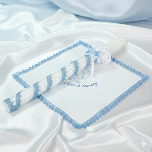 Świeca i Szatka do Chrztu „Glamour Lace – Blask Wiary” – niebieski zestaw z koronką i kryształkiem Preciosa®