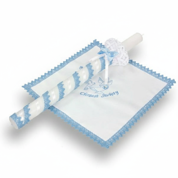 Świeca i Szatka do Chrztu „Glamour Lace – Blask Wiary” – niebieski zestaw z koronką i kryształkiem Preciosa®