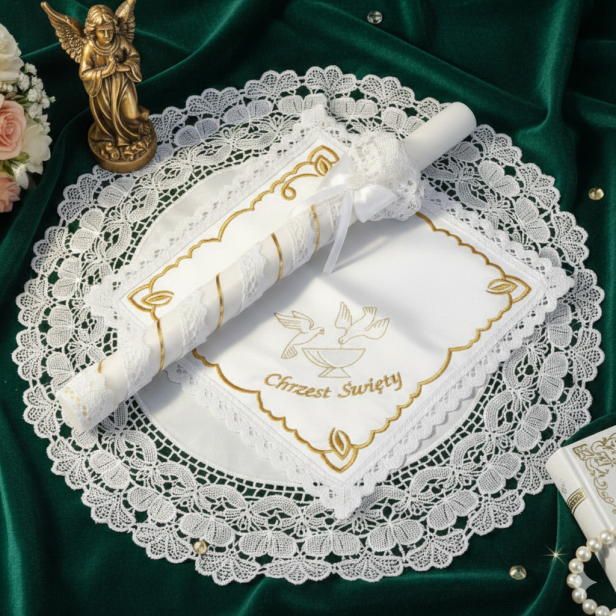 aranżacja z haftem Chrzest Święty - Świeca i Szatka do Chrztu „Glamour Lace – Blask Wiary” – zestaw z koronką i kryształkiem Preciosa®