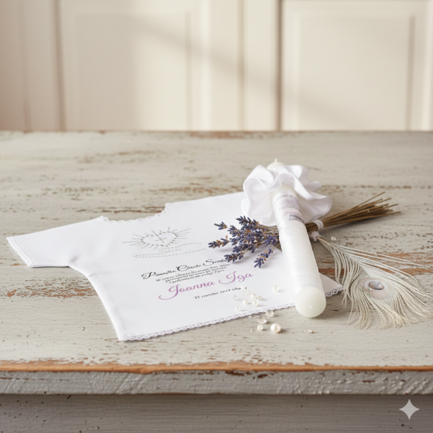 Świeca i szatka do chrztu z imieniem i ozdobnym stroikiem AMAZON PERŁA (szatka)