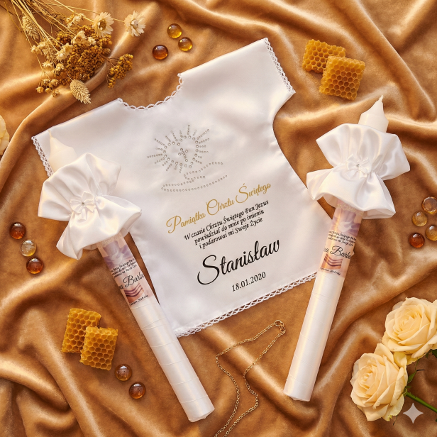 wzór KSIĘŻNA SUSSEX miodowy - Świeca i szatka do chrztu z imieniem i ozdobnym stroikiem AMAZON PERŁA