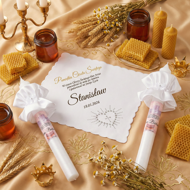 KSIĘŻNA SUSSEX miodowy -Świeca i szatka do chrztu z imieniem i ozdobnym stroikiem AMAZON PERŁA