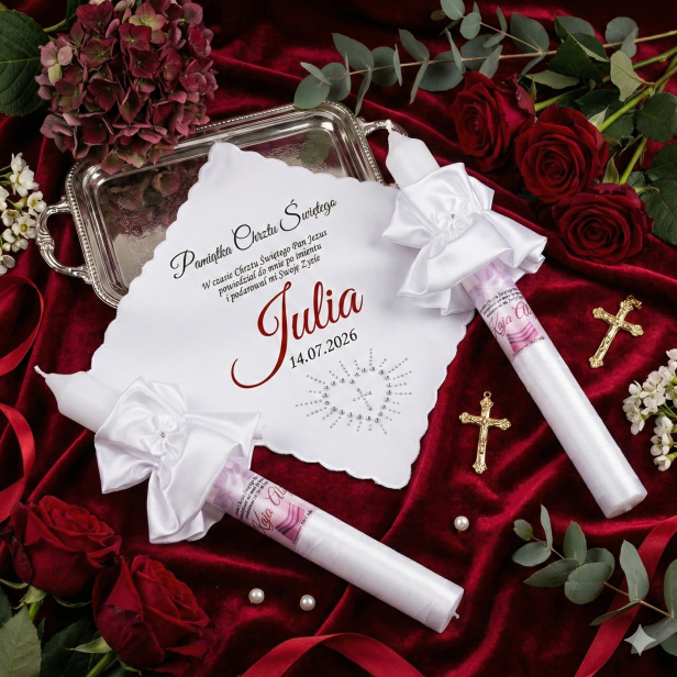 KSIĘŻNA SUSSEX miodowy -Świeca i szatka do chrztu z imieniem i ozdobnym stroikiem AMAZON PERŁA