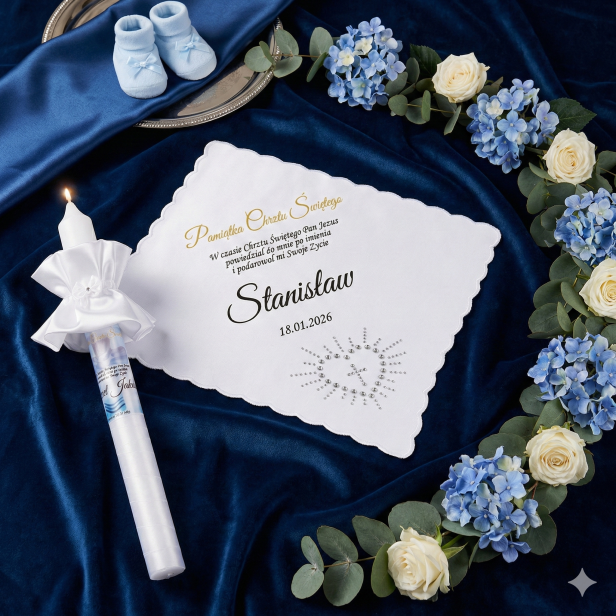 Paryski Błękit -Świeca i szatka do chrztu z imieniem i ozdobnym stroikiem AMAZON PERŁA
