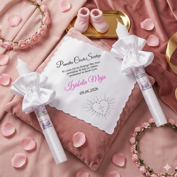 MILANO Pink -Świeca i szatka do chrztu z imieniem i ozdobnym stroikiem AMAZON PERŁA