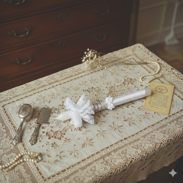 Świeca z kompletu  do chrztu z imieniem i ozdobnym stroikiem AMAZON VINTAGE