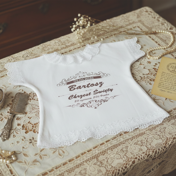 Szatka z kompletu  do chrztu z imieniem i ozdobnym stroikiem AMAZON VINTAGE
