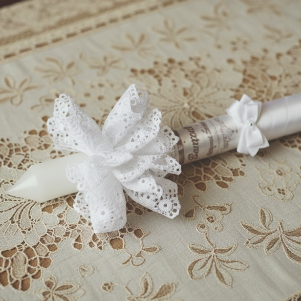 Zbliżenie świecy z kompletu  do chrztu z imieniem i ozdobnym stroikiem AMAZON VINTAGE