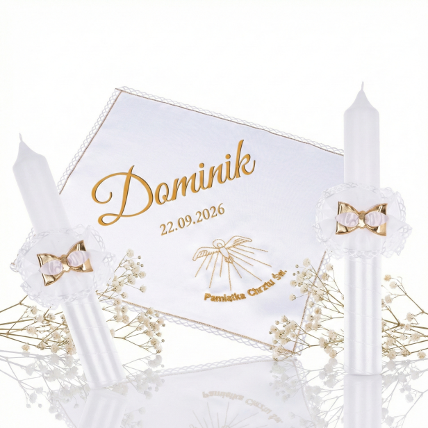 Świeca i szatka do chrztu z imieniem i ozdobnym stroikiem AMAZON Duch Święty