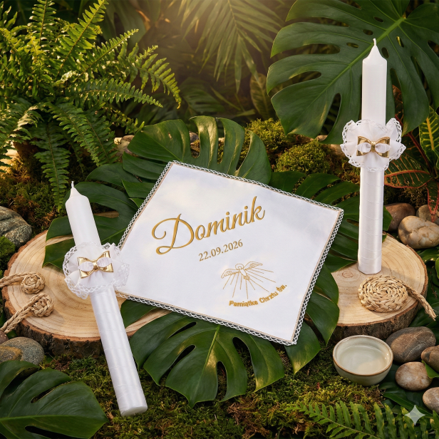 Zestaw złoty - Świeca i szatka do chrztu z imieniem i ozdobnym stroikiem AMAZON Duch Święty