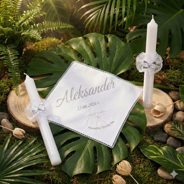 Zestaw srebrny - Świeca i szatka do chrztu z imieniem i ozdobnym stroikiem AMAZON Duch Święty