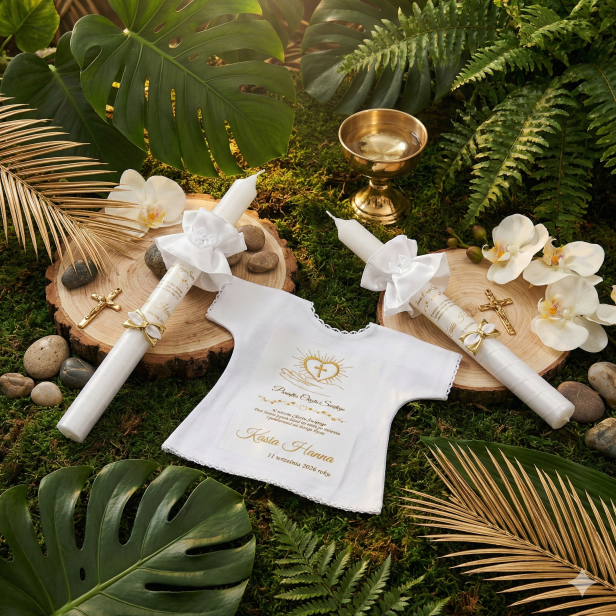 Zestaw złoty -Świeca i szatka do chrztu z imieniem i ozdobnym stroikiem