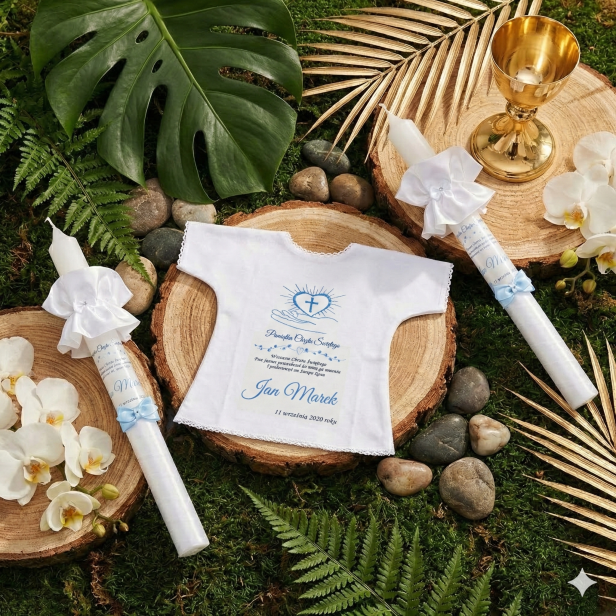 Zestaw niebieski - Świeca i szatka do chrztu z imieniem i ozdobnym stroikiem