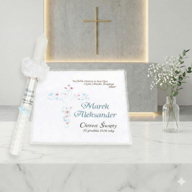 wariant anielski błękit -Świeca i szatka do chrztu z imieniem i ozdobnym stroikiem AMAZON LASER