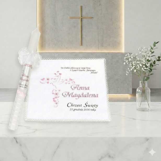 wariant słodki róż - Świeca i szatka do chrztu z imieniem i ozdobnym stroikiem AMAZON LASER