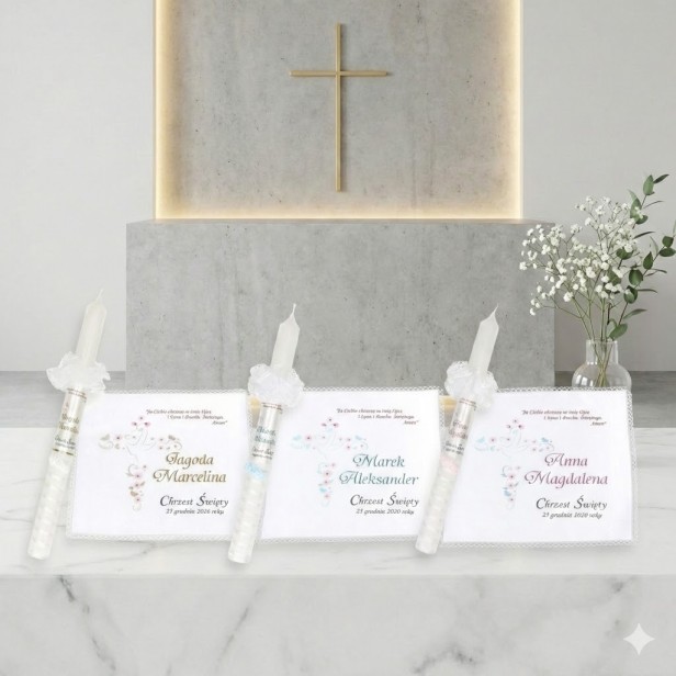 Świeca i szatka do chrztu z imieniem i ozdobnym stroikiem AMAZON LASER