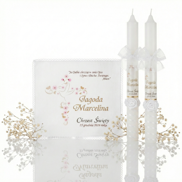 Świeca i szatka do chrztu z imieniem i ozdobnym stroikiem AMAZON LASER