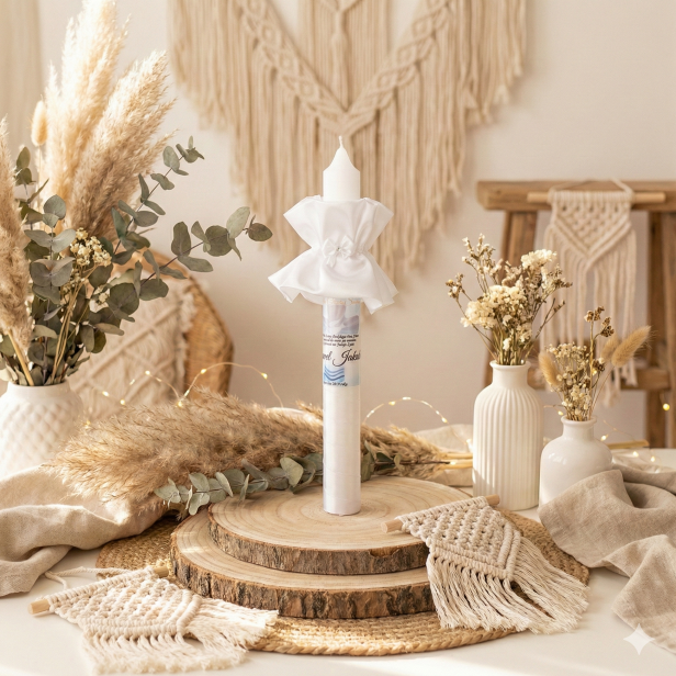 Paryski Błękit - Świeca AMAZON na Chrzest Święty  Pamiątka z imieniem i datą