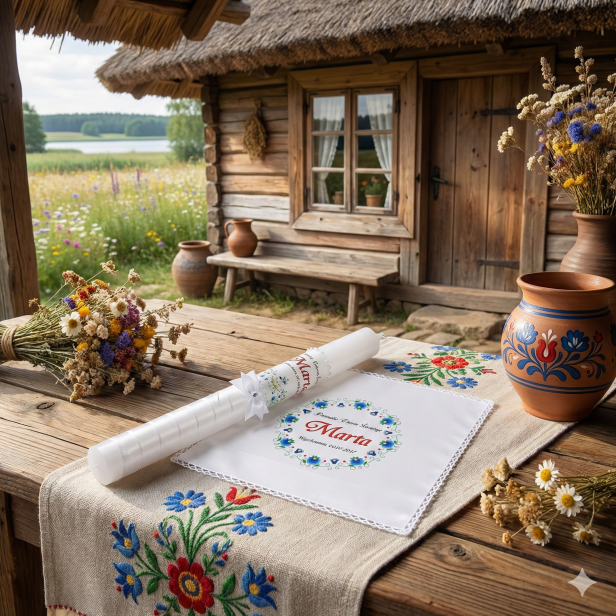 Świeca i Szatka FOLKSTYLE® – Dusza Regionu: wzór kaszubski czerwony