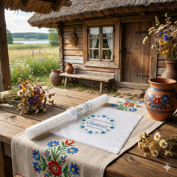 Świeca i Szatka FOLKSTYLE® – Dusza Regionu: wzór kaszubski niebieski