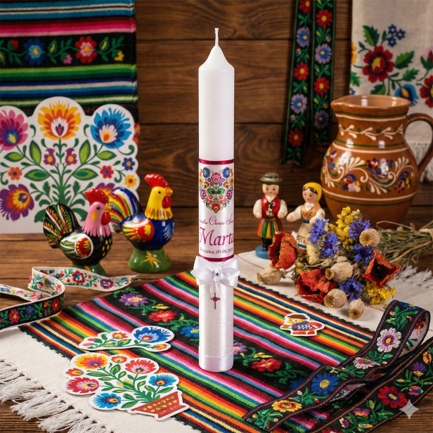 Świeca i Szatka FOLKSTYLE® – Dusza Regionu: wzór łowicki (srebrny medalik AG z rubinową cyrkonią)