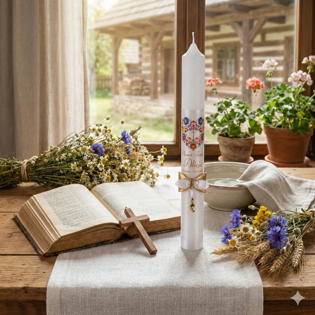 Świeca na Chrzest ze złoconym medalikiem Madonna | Linia FolkStyle® – Tradycja i Wiara .png