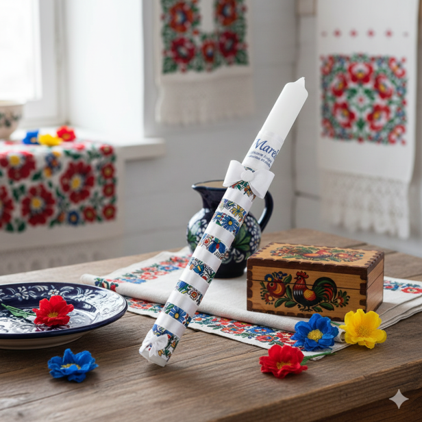 Świeca na Chrzest – motyw kaszubski | Linia FolkStyle® – Tradycja i Wiara