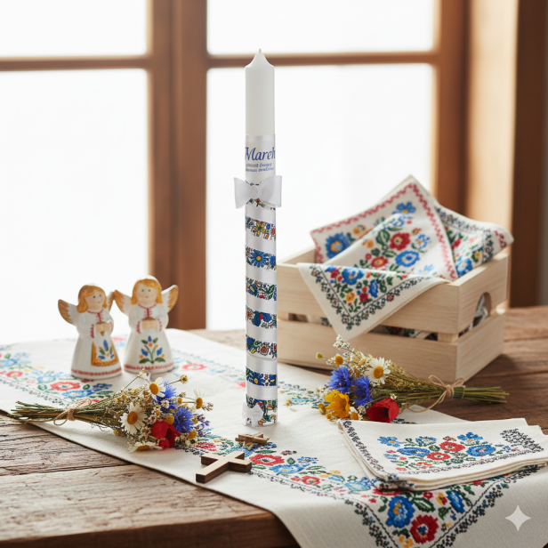 Świeca na Chrzest – motyw kaszubski | Linia FolkStyle® – Tradycja i Wiara
