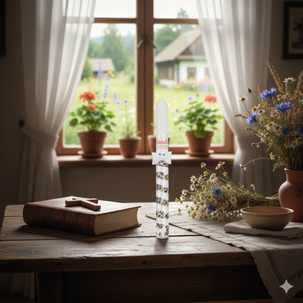 Świeca na Chrzest – motyw łowiczanki | Linia FolkStyle® – Tradycja i Wiara