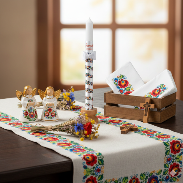Świeca na Chrzest – motyw łowiczanki | Linia FolkStyle® – Tradycja i Wiara