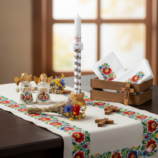 Świeca na Chrzest – motyw łowickie koguty | Linia FolkStyle® – Tradycja i Wiara