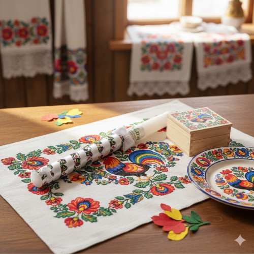 Świeca na Chrzest – motyw łowickie koguty | Linia FolkStyle® – Tradycja i Wiara