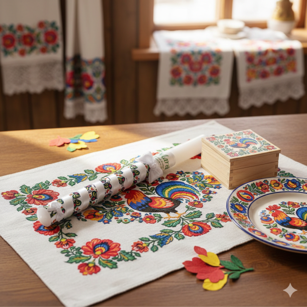 Świeca na Chrzest – motyw łowickie koguty | Linia FolkStyle® – Tradycja i Wiara
