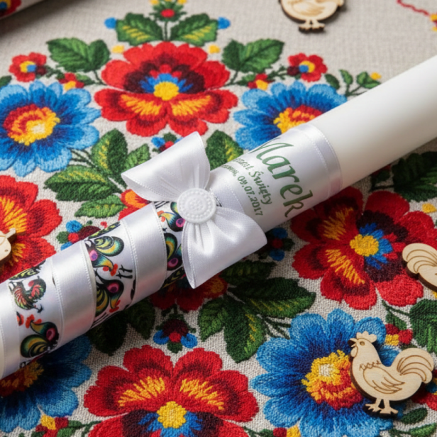 Świeca na Chrzest – motyw łowickie koguty | Linia FolkStyle® – Tradycja i Wiara