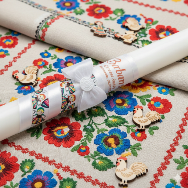 wzór czerwony - Świeca na Chrzest – wzór opolski | Linia FolkStyle® – Tradycja i Wiara