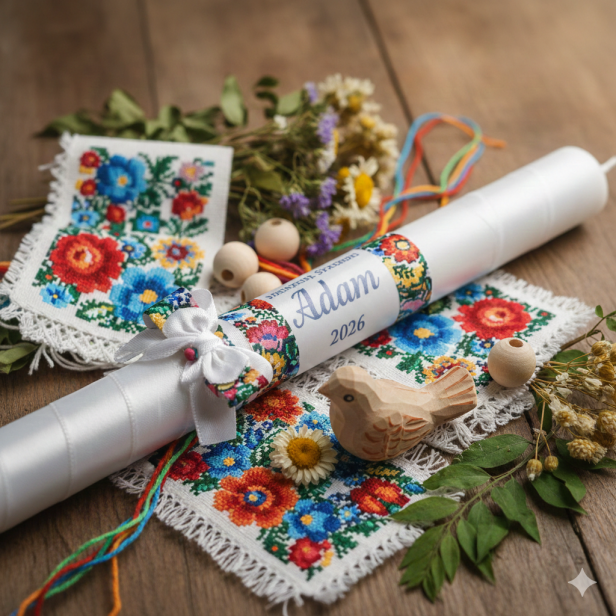 wzór niebieski - Świeca na Chrzest – wzór opolski | Linia FolkStyle® – Tradycja i Wiara