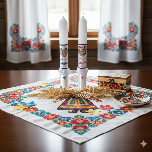 Świeca na Chrzest – motyw łowicki ze srebrnym krzyżykiem z cyrkonią | Linia FolkStyle® – Tradycja i Wiara