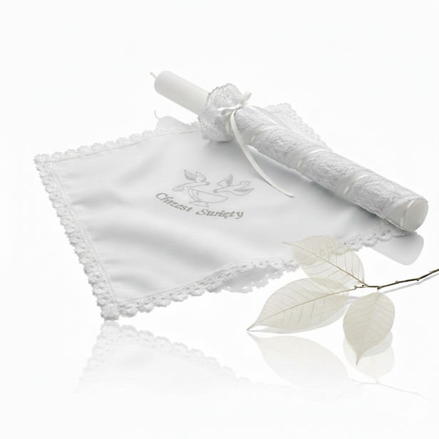 Elegancki zestaw na Chrzest z koronki koniakowskiej – srebrny | Linia KONIAKÓW