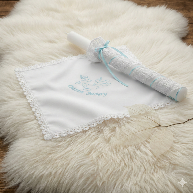 Elegancki zestaw na Chrzest z koronki koniakowskiej – niebieski | Linia KONIAKÓW